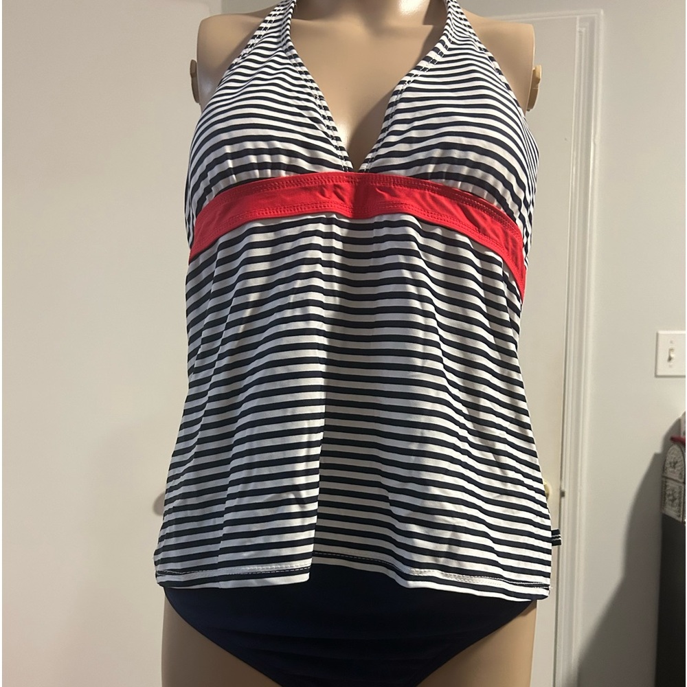 Two piece red, white, and blue striped tankini